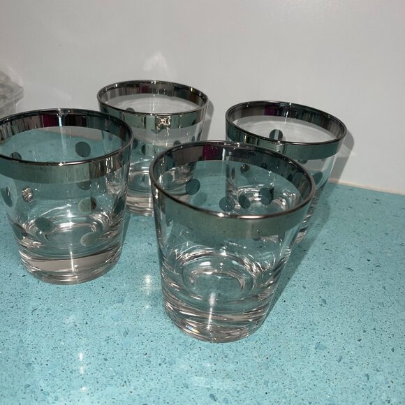 Dorothy Thorpe MCM Silver Rim Polka Dot Lowball Glasses Set of Four - Picture 6 of 11